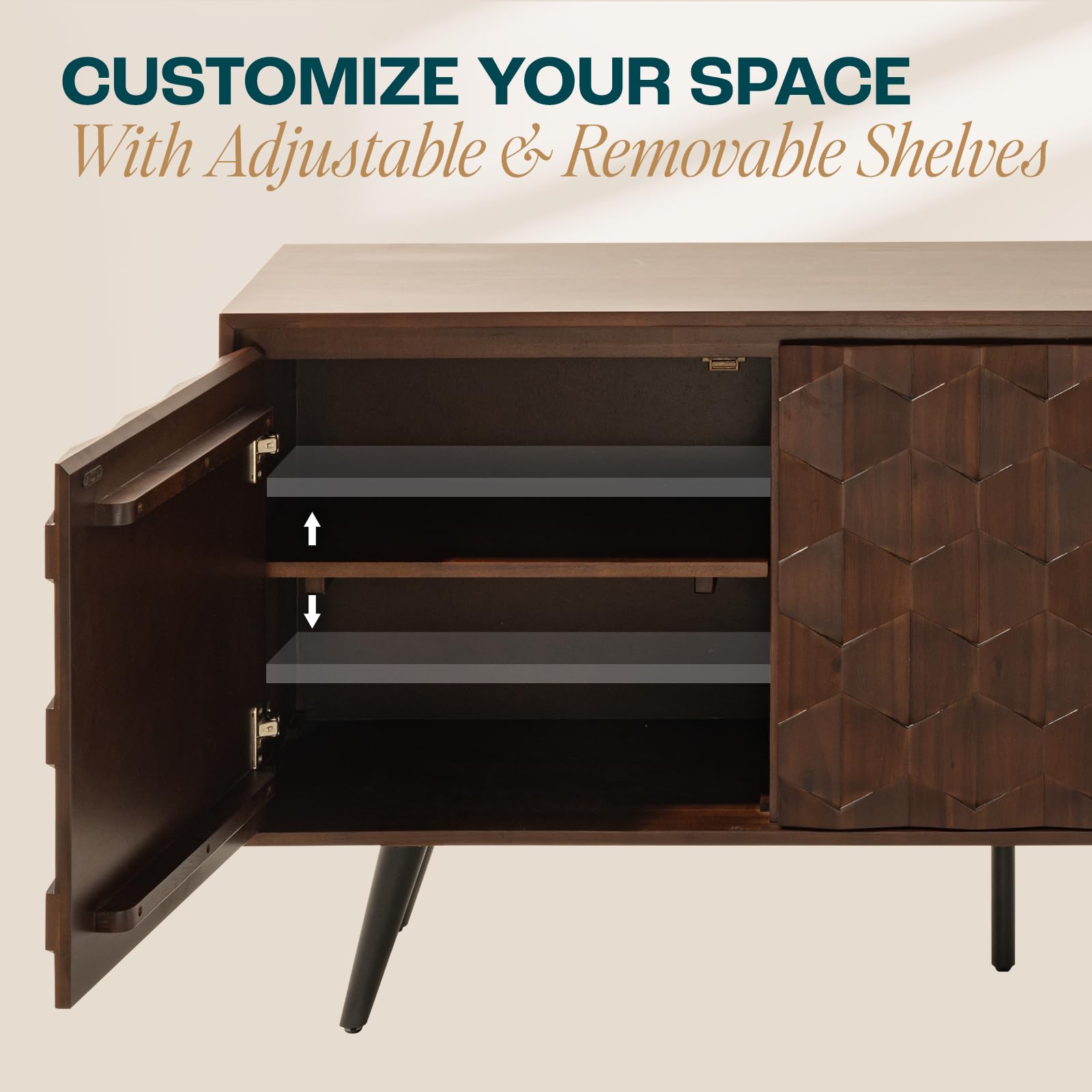 Bme Sideboard Georgina Solid Wood 2 Doors & 3 Drawers, 61'' Mid Century Modern Cabinet with Geometric Pattern for Kitchen, Dining, Living Room