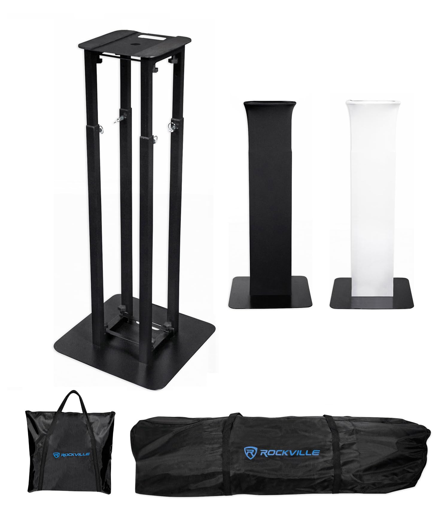 Rockville RTP82B 8 ft Adjustable Black Totem Moving Head Light Stand, Dual Scrims, Travel Bags, Speaker Mount, for DJs and Stage Lighting