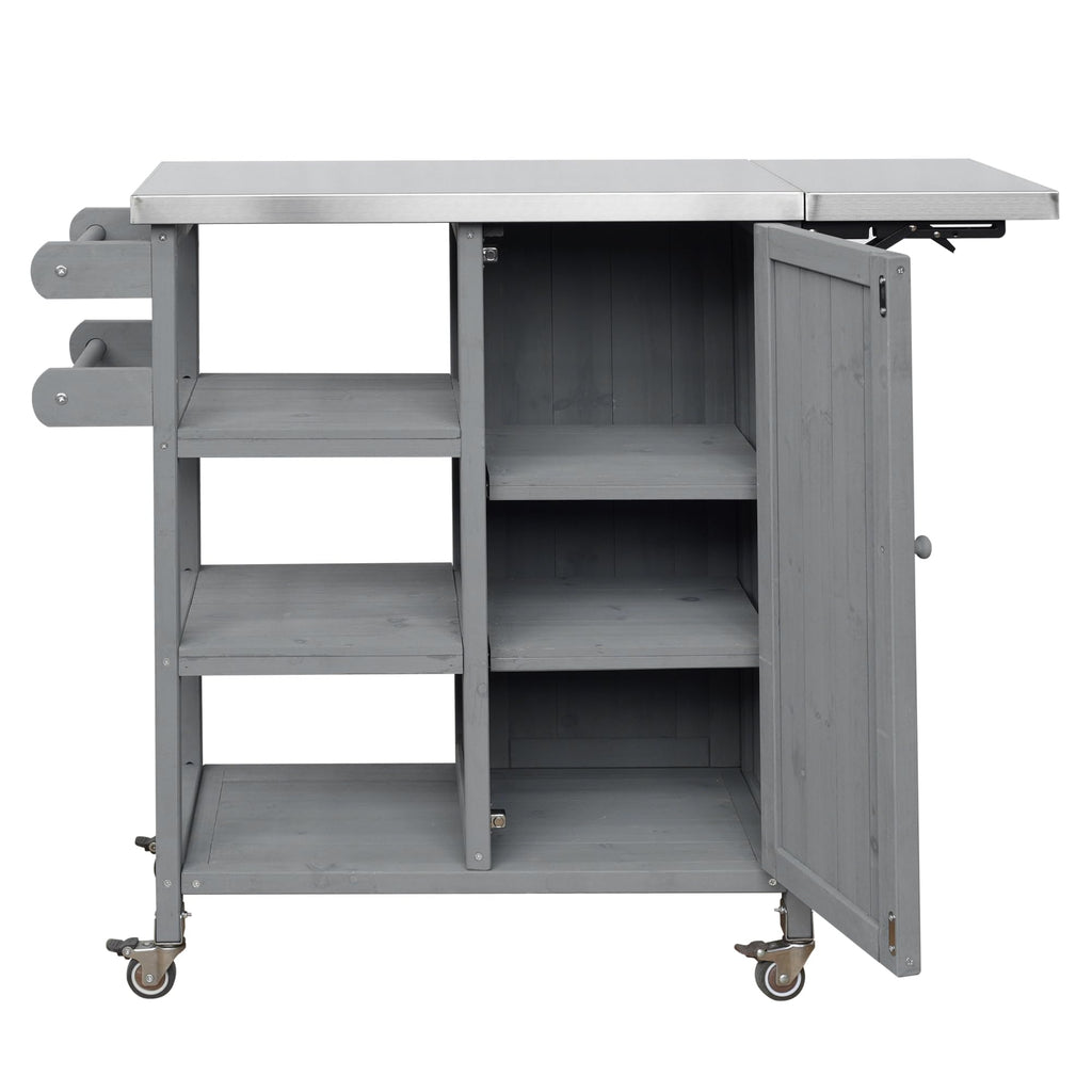 Foldable Outdoor Kitchen Island Cart with Stainless Steel Top, Rolling Grill Table with Storage Cabinet Shelves and Double Towel Rack, Wooden BBQ Prep Station with Lockable Wheels for Patio, Grey