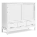 SIMPLIHOME Harper Medium Storage Cabinet - 48 inch Wide Solid Hardwood Sliding Door Cabinet in White, Mid-Century Modern Cupboard for Living Room or Entryway with 3 Drawers and Tapered Legs