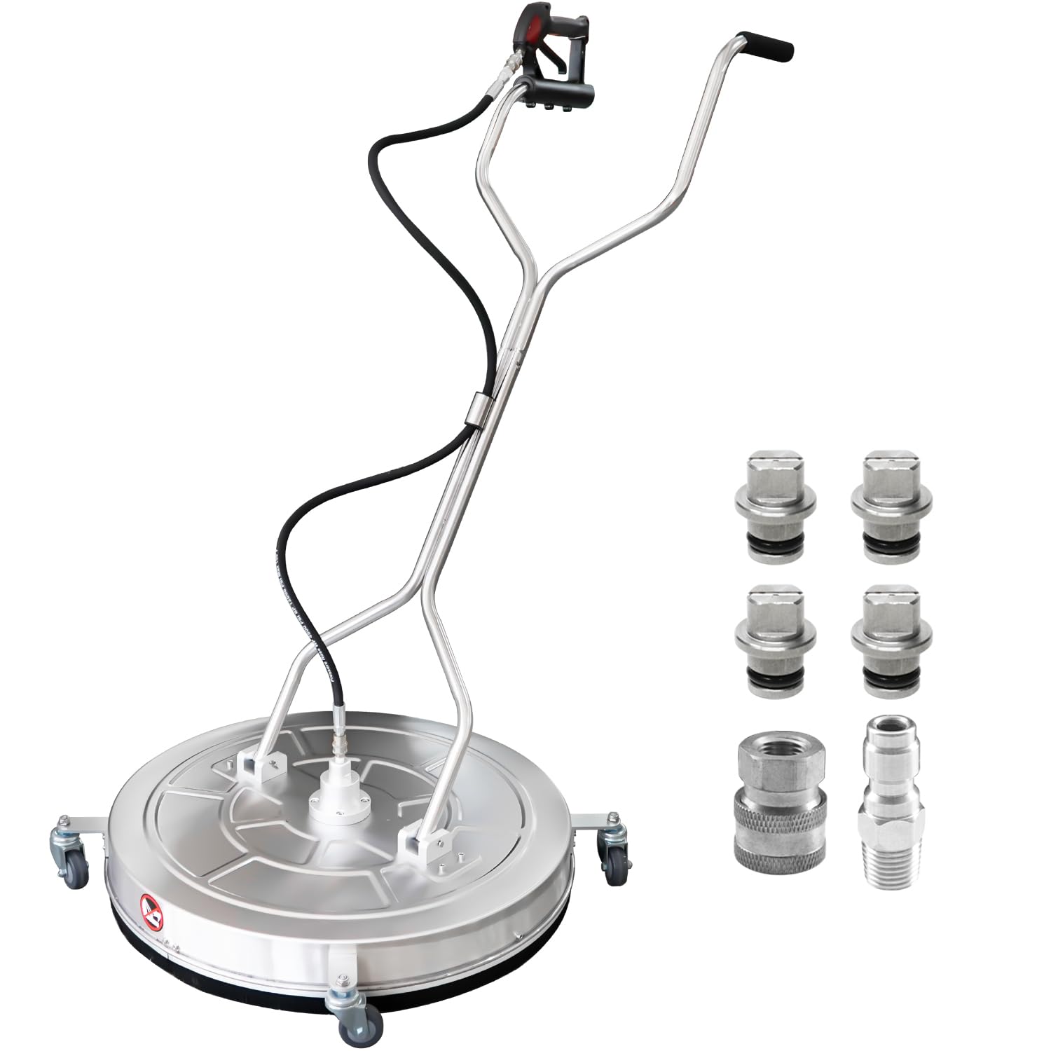 JANZ 30'' Pressure Washer Surface Cleaner with 4 Wheels,Dual Handle,Stainless Steel Housing, 2 Hose Adapters and 4 Replacement Nozzle Cores,Ideal for Driveways, Sidewalks,Patios,Decks Cleaning