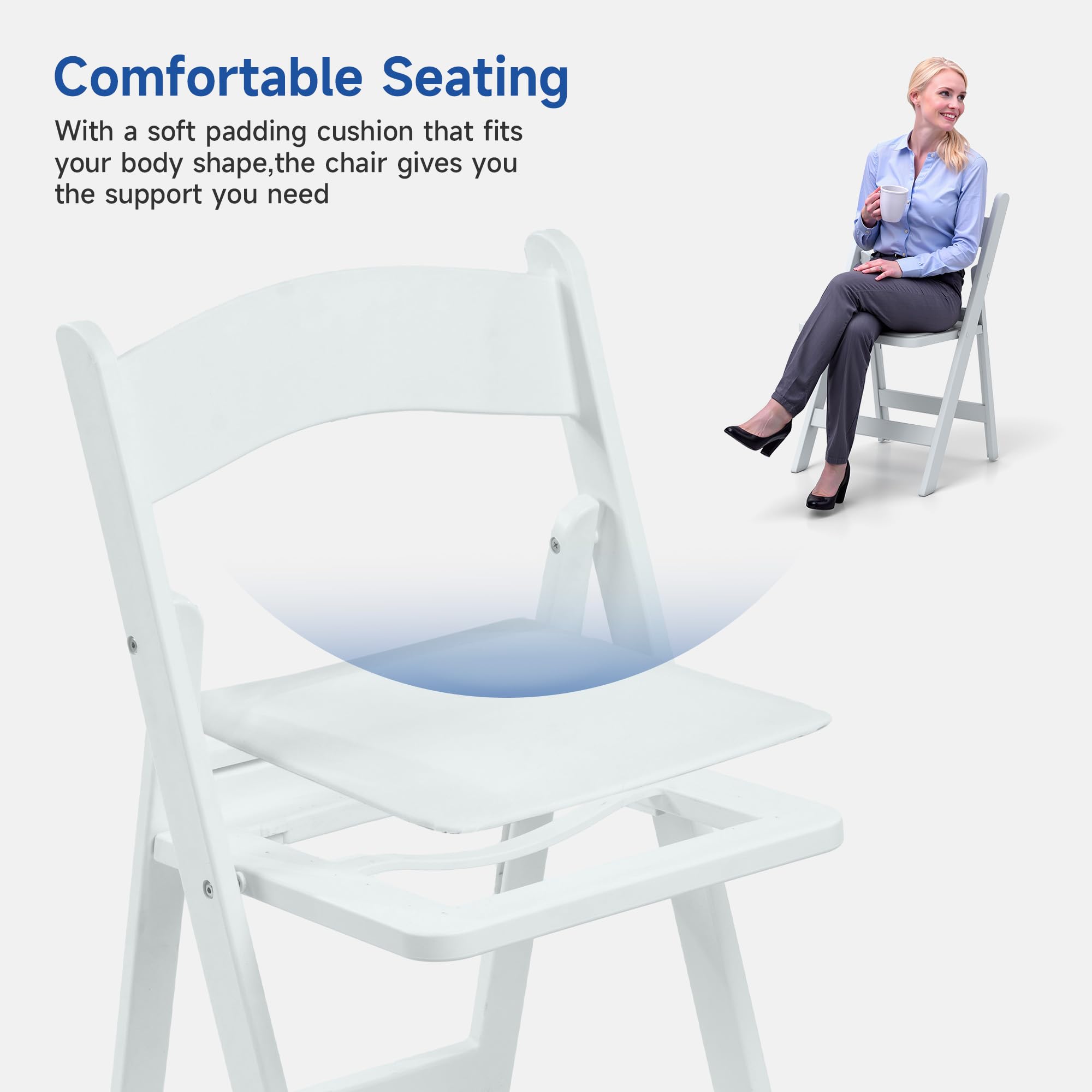 Winlice White Resin Folding Chairs - Stackable Chairs with Padded Seats, 800LB Weight Capacity Comfortable Chair - Indoor/Outdoor Folding Chairs for Events - Lightweight Foldable Chairs (10 Pack)