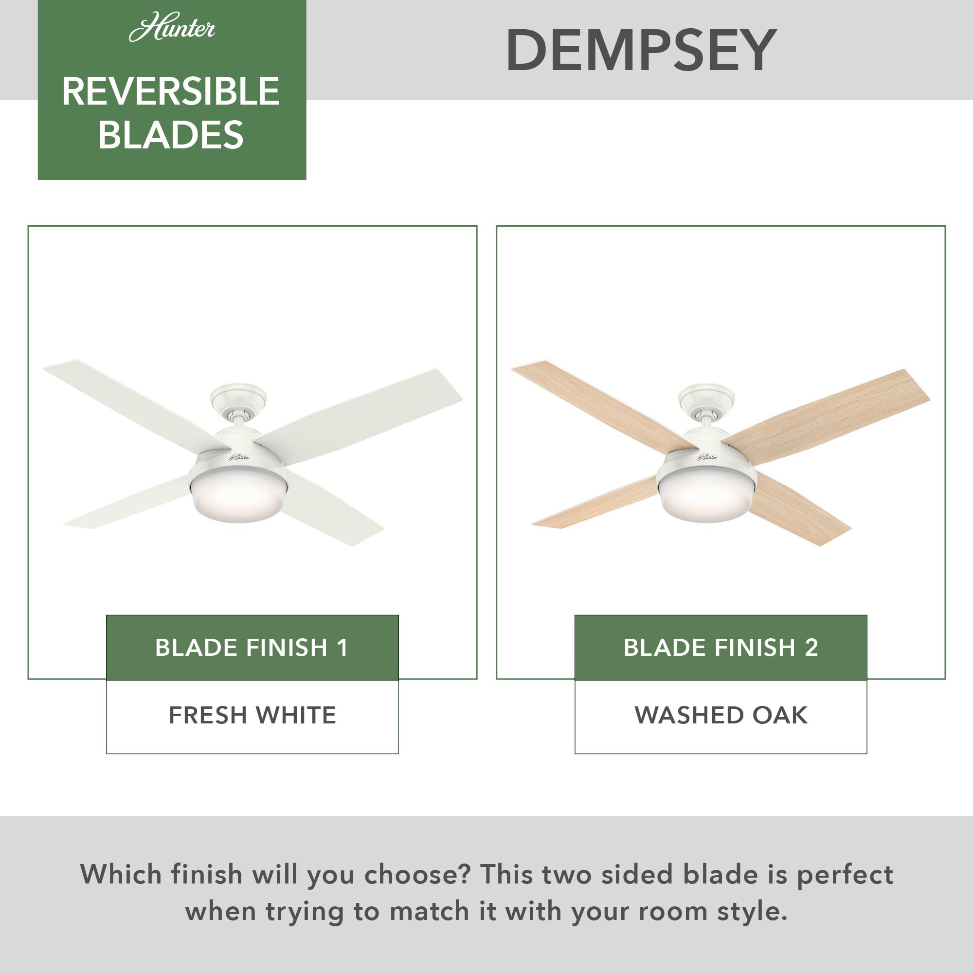 Hunter 52 inch Indoor Ceiling Fan No Light with Remote Control - White Modern Ceiling Fan without Light, Low Profile Mount, 4 Blades, For Bedroom, Living Room, or Kitchen - Dempsey 59248, Fresh White