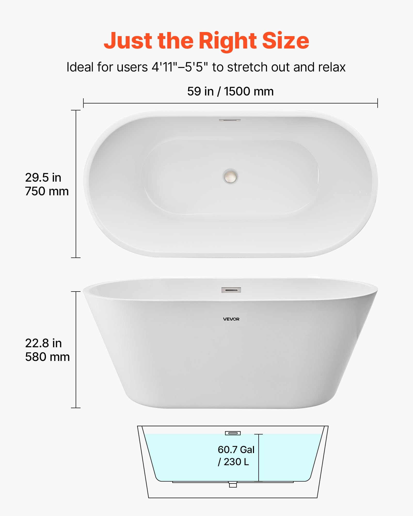 VEVOR Acrylic Freestanding Bathtub, 59 Inch Contemporary Soaking White Tub with Brushed Nickel Overflow and Drain, Elegant Oval Shape Stand Alone Soaker Tub for Modern Bathroom or Remodel Projects