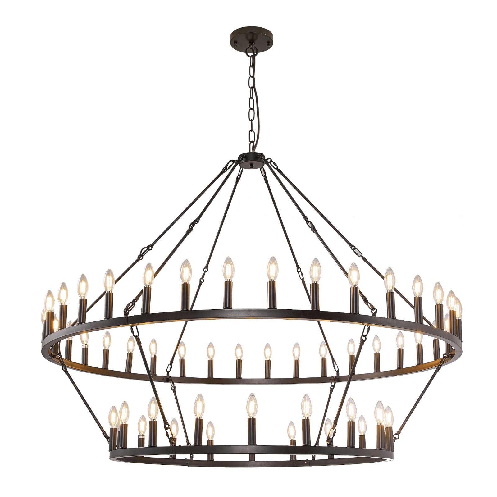 54-Lights 2 Tier Wagon Wheel Chandelier, 60" Large Chandeliers for High Ceilings, Round Black Chandeliers for Dining Room, Farmhouse Foyer Lighting Fixtures, for Living Room, Staircase, Entryway