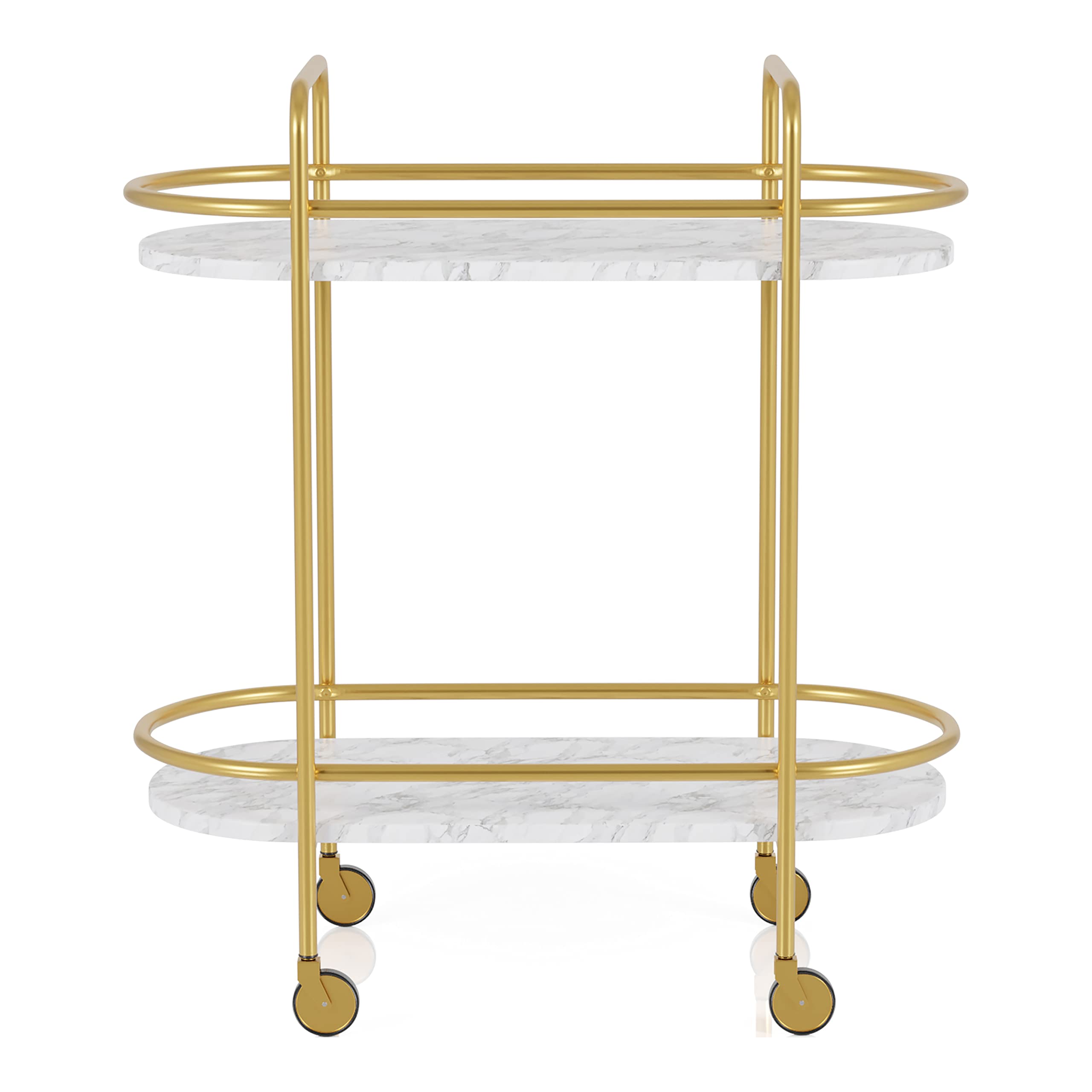 HOMES: Inside + Out Wuest Modern 2 Tier Metal 33 in. Mobile Serving Cart with Casters for Dining Room, Home Bar, Gold Coating and White