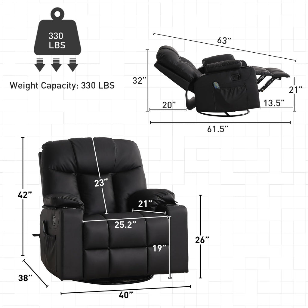 Bonzy Home Oversized Swivel Rocker Recliner, 40" Rocking Recliner Chair with Heated and Massage, PU Leather Single Sofa with Swivel Function, 2 Cup Holders for Living Room Bedroom, Black