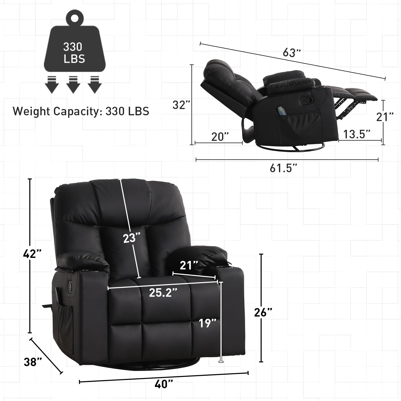 Bonzy Home Oversized Swivel Rocker Recliner, 40" Rocking Recliner Chair with Heated and Massage, PU Leather Single Sofa with Swivel Function, 2 Cup Holders for Living Room Bedroom, Black
