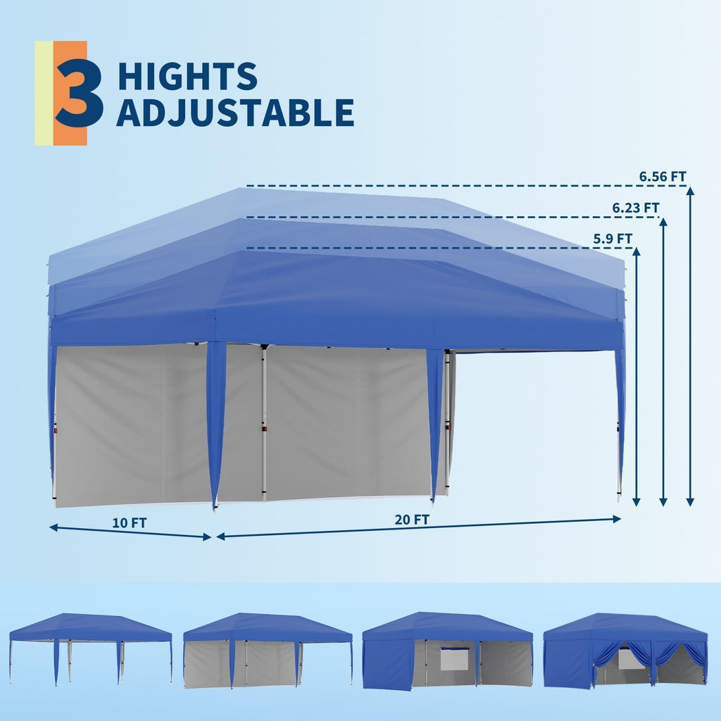 10x20 ft Pop Up Canopy Tent with Removable Sidewalls, Waterproof & UV-Resistant Outdoor Shelter, Portable Roller Bag, 3 Adjustable Heights, 6 Sandbags, and Easy Setup for Camping, Events, and Backyard