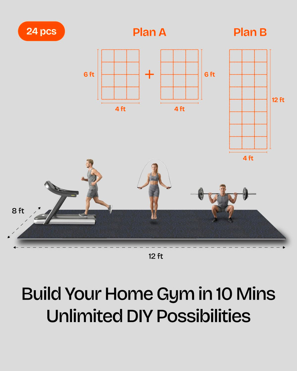 Vivaluz 0.56 Inch Thick 96 Sq Ft Gym Flooring for Home Gym, 24 Tiles Robust Rubber Top with Eva Foam Exercise Equipment Mats, Protective Flooring Puzzle Mat for Fitness Room