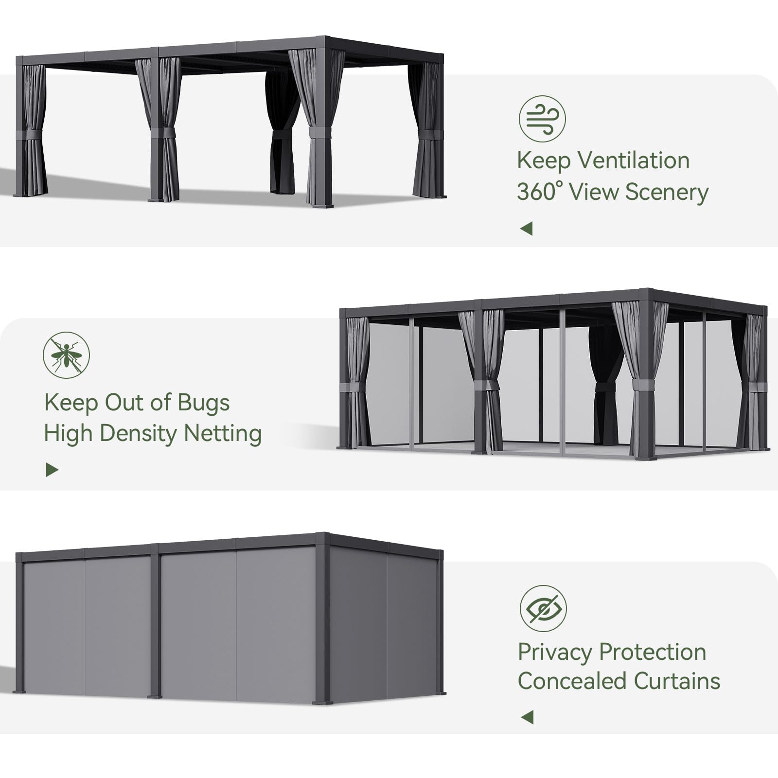 Aoxun Louvered Pergola 12x20 All-Aluminum Outdoor Gazebo with Independent Adjustable Roofs, Waterproof Curtains and Netting, Integrated Drainage System for Patios & Backyard