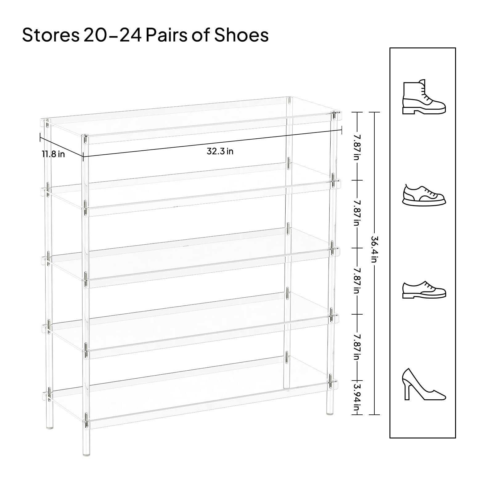 Aquiver 5 Tier Acrylic Shoe Rack - Closet Shoe Rack Shoe Organizer for Entryway, Stores 20 Pairs of Shoes, 32.3'' L x 11.8'' W x 36.4'' H
