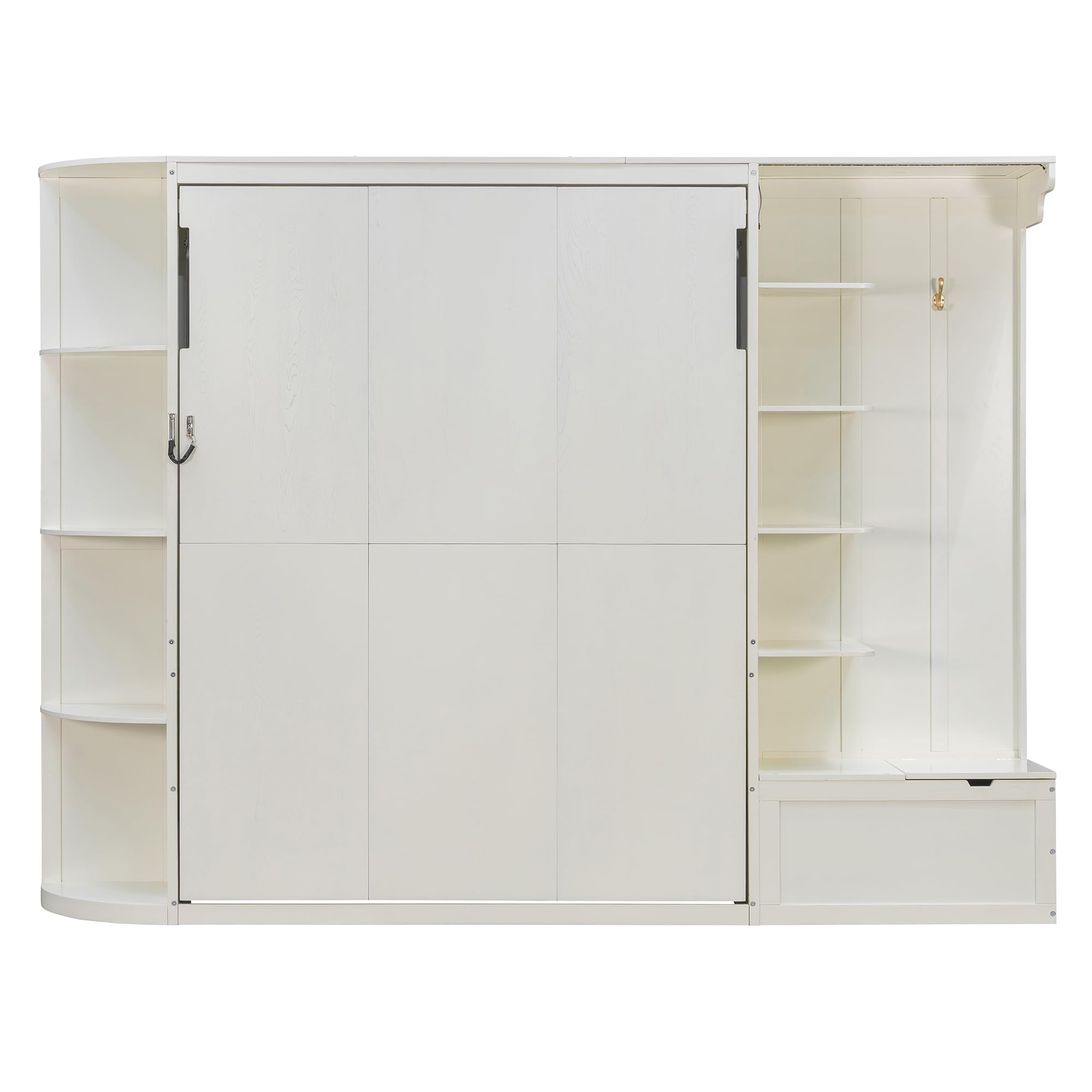 Merax Queen Size Murphy Bed with Storage and Lights, Hidden Fold-Out Legs, Foldable Murphy Cabinet Bed with Hook, Built-in Shelves & Cabinets, Wood Space-Saving Wall Bed for Guest Room Office, White