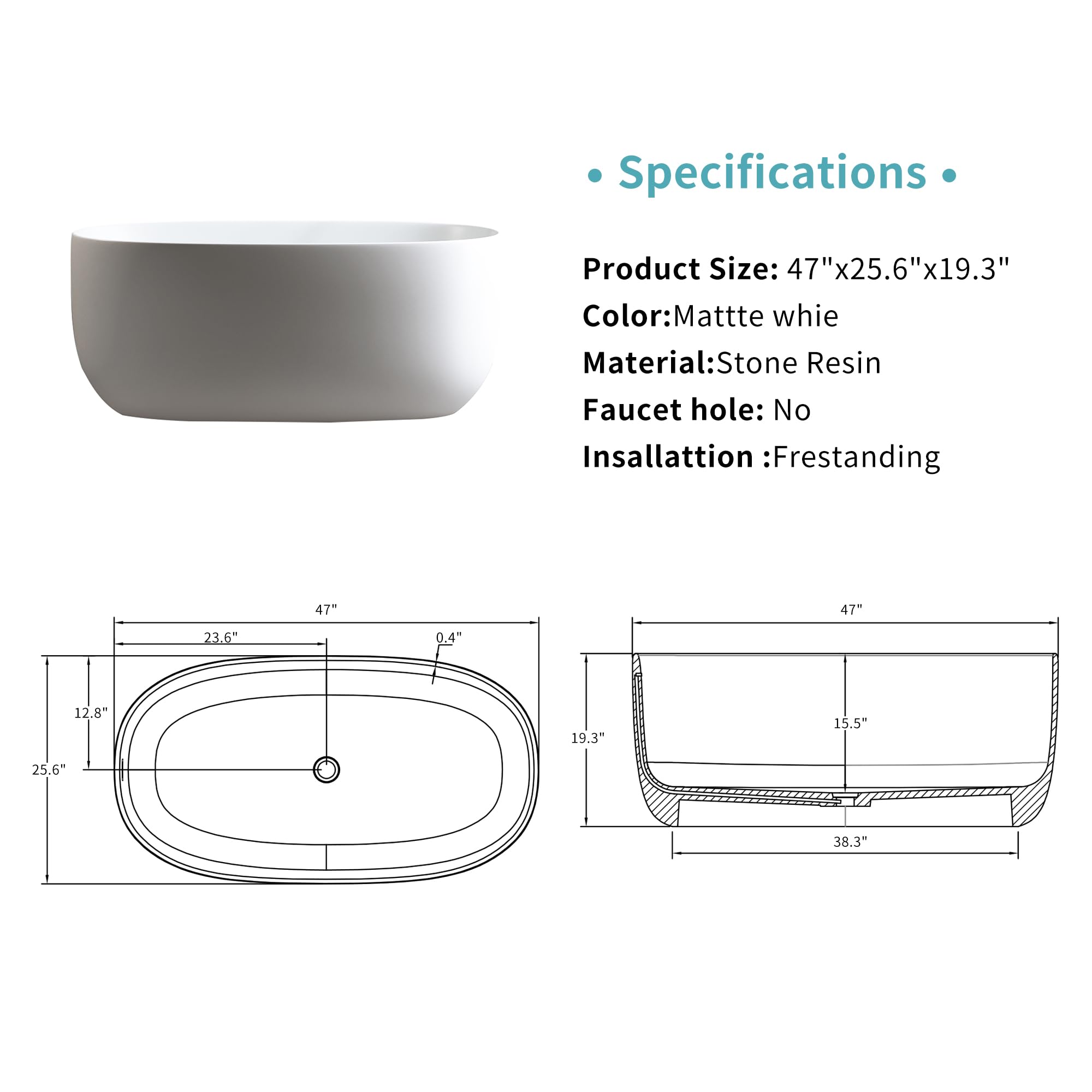 Favfurish 47" Freestanding Stone Resin Bathtub,Oval Shape Contemporary Soaking Tub w/Pop-Up Drain & Overflow, Compact Design for Small Spaces, Matte White