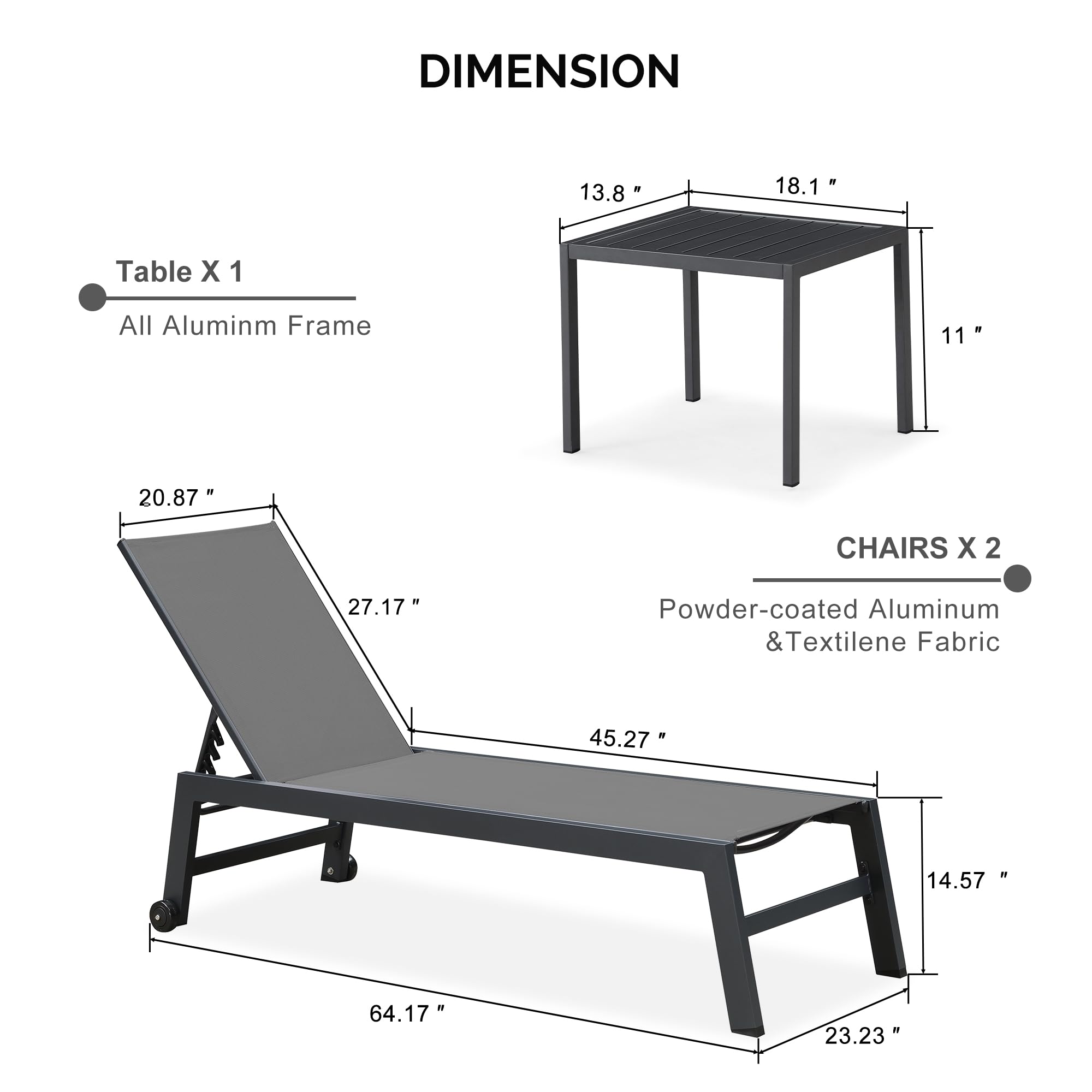 PURPLE LEAF Outdoor Chaise Lounge with Wheels for Outside 2 Pieces Aluminum Patio Lounge Chair with 5 Adjustable Position Sunbathing for Patio, Beach, Yard, Pool, Side Table Included, Grey