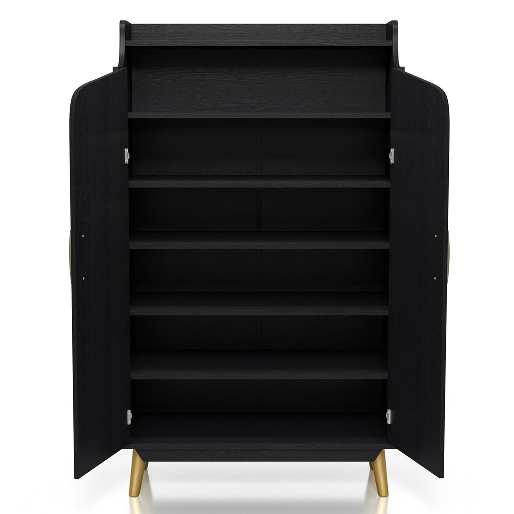 24/7 Shop at Home Ansel Mid-Century Modern 2-Door Storage Wood 32 in. Shoe Cabinet with Adjustable Shelves for Entryway, Hallway, Black