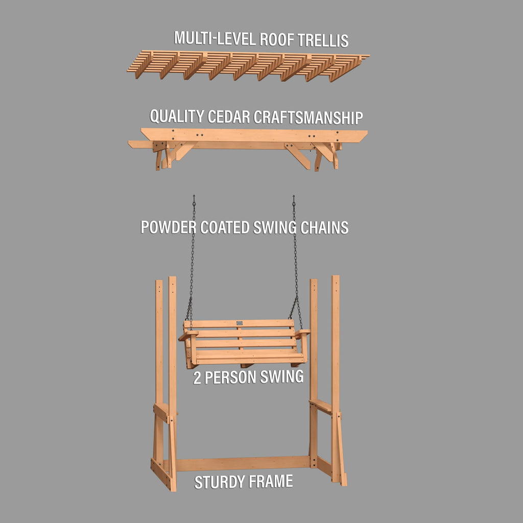 Backyard Discovery Callahan 8' x 5' Cedar Wood Outdoor Patio Pergola Swing Bench with Trellis, Two-Person Seating, Chains, Water Resistance, 600 Lb Weight Capacity for Porch, Patio, Deck, Garden