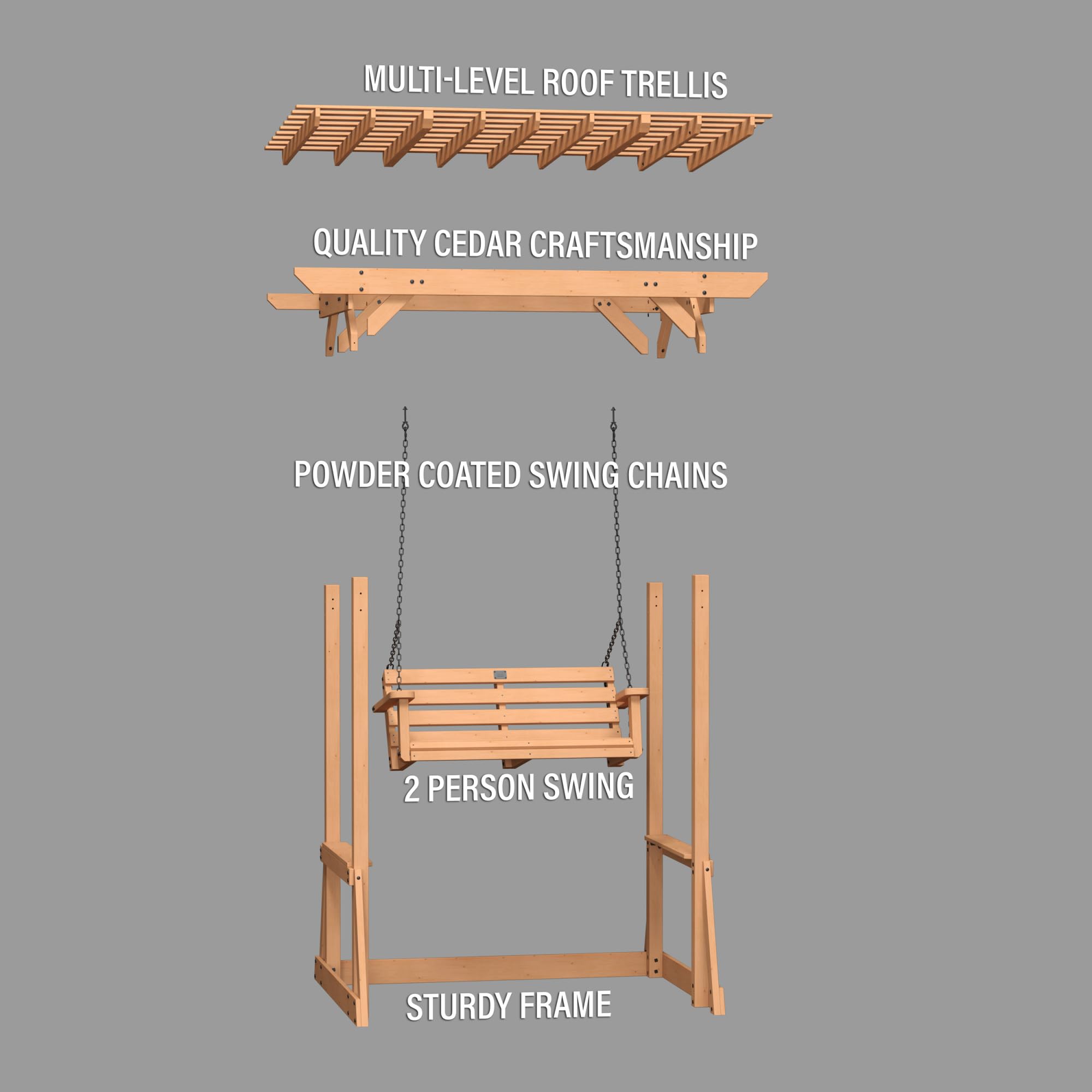 Backyard Discovery Callahan 8' x 5' Cedar Wood Outdoor Patio Pergola Swing Bench with Trellis, Two-Person Seating, Chains, Water Resistance, 600 Lb Weight Capacity for Porch, Patio, Deck, Garden