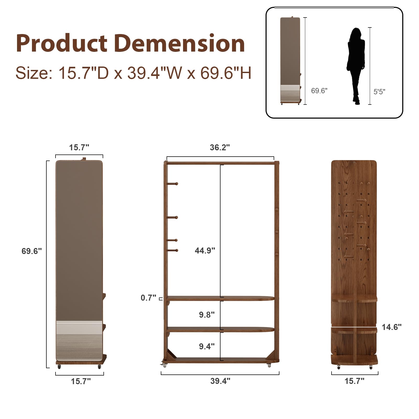 DONGMUWUJEE Solid Wood Full Length Mirror Clothes Rack,70" x 40" x 16" Oversize Standing Mirror Full Length with Brake Wheels, Floor Mirror for Living Room, Entryway, Bedroom (Walnut)