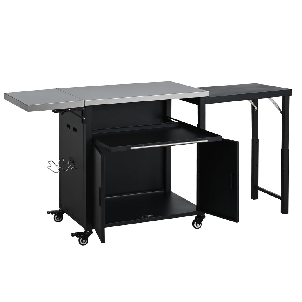 Outdoor Folding Kitchen Cart with Dual Stainless Steel Tops, Rolling Grill Prep Table with Cabinet Drawer and Trash Rack, Portable BBQ Serving Cart with Lockable Wheels for Patio Backyard, Black