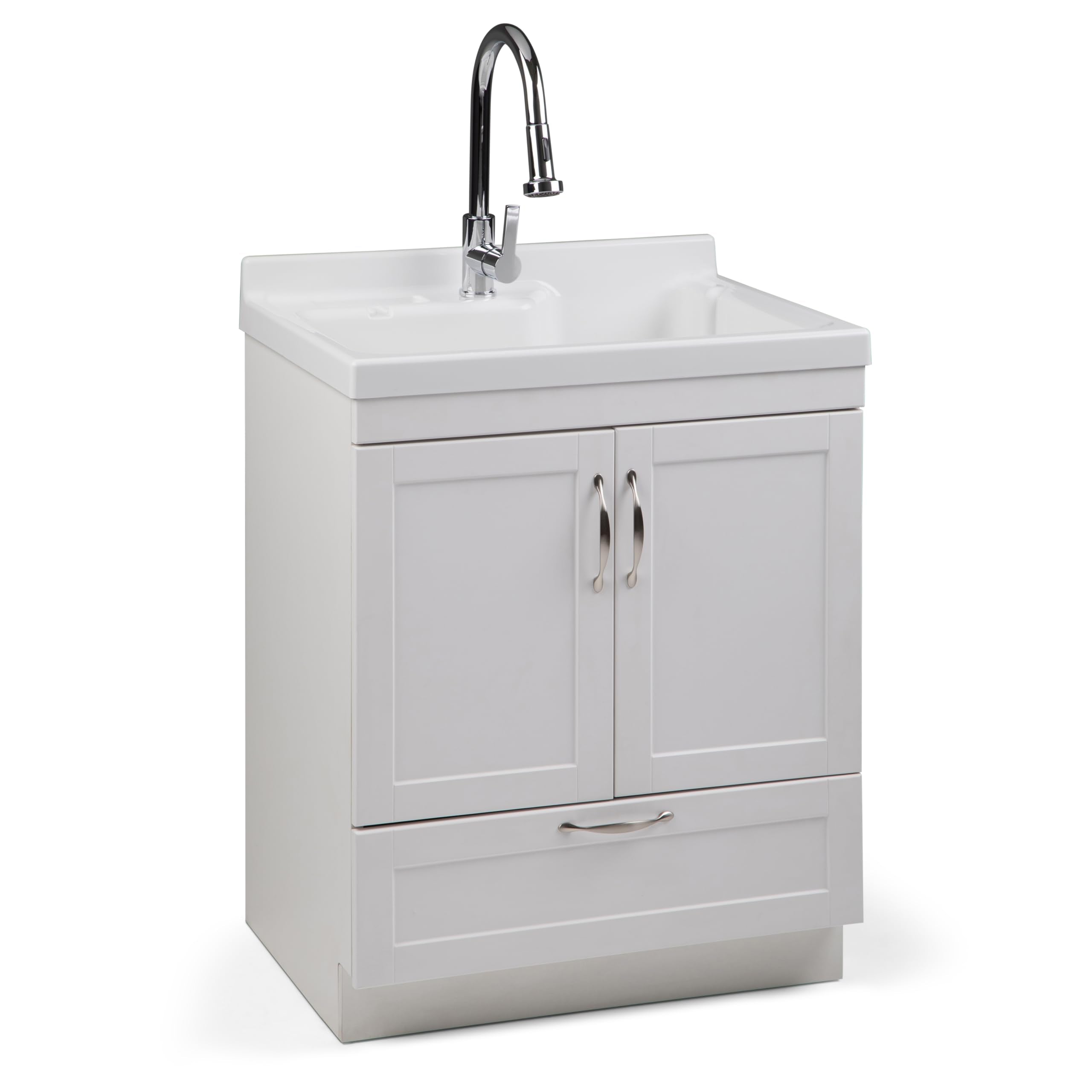 SIMPLIHOME Maile All-in-One 28 inch Wide Utility Sink and Laundry Cabinet in Pure White Finish, Transitional ABS Sink Cabinet for Laundry Rooms or Garage with High-Arch Chrome Faucet and Storage
