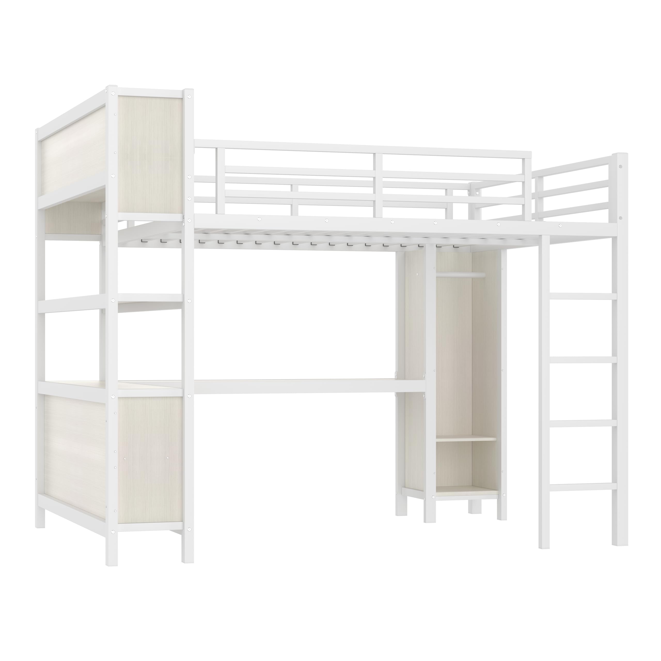 Bellemave Queen Loft Bed with Desk & Wardrobe, Heavy Duty Metal Loft Beds with Storage Shelves, Space Saving Loft Bed Queen Size with Safety Guard, White Wood Grain