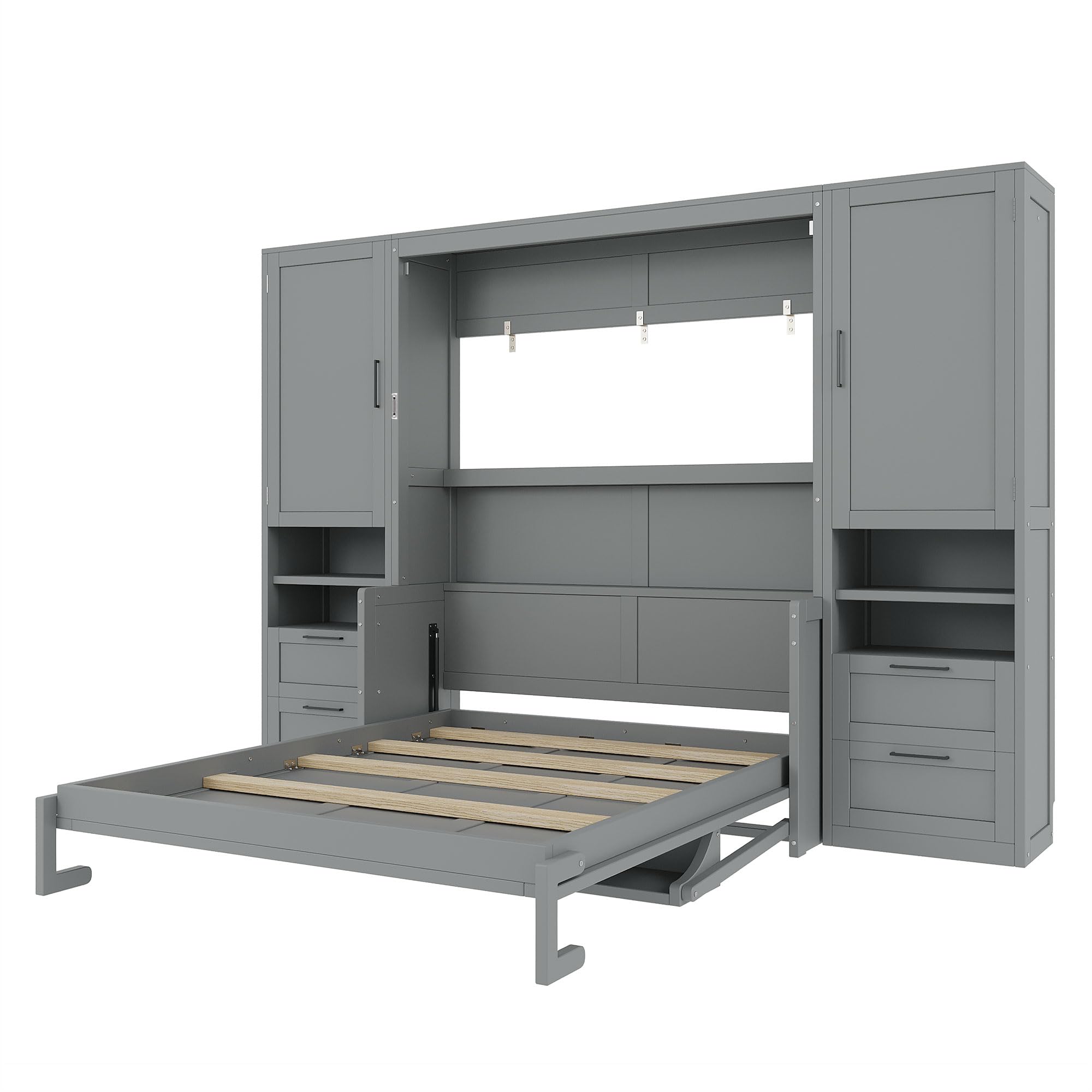 Merax Queen Size Murphy Bed with Desk, Multifunctional Foldable Wall Bed with Closet, Drawers and Shelves, Space-Saving Wood Platform Bed Frame for Small Spaces Studio Study Office Guest Room, Gray