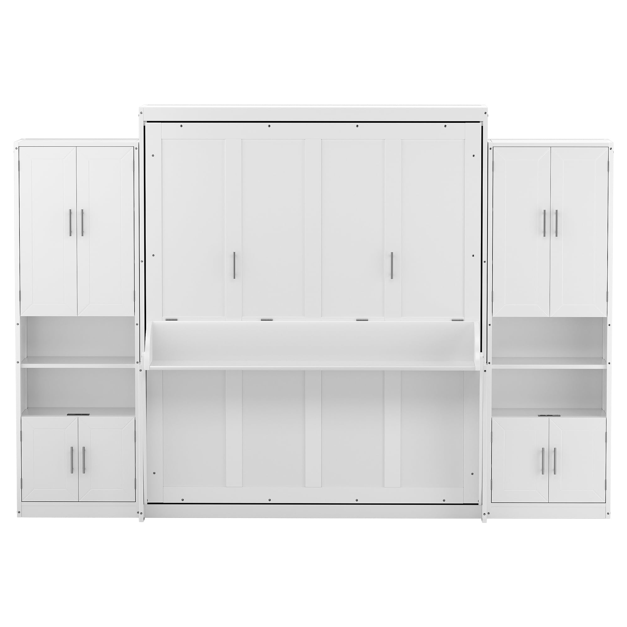 PVWIIK Queen Size Murphy Bed with Storage Drawers & Desk,Wall Bed Frame Folding into Cabinet Design w/Charging Station & Storage Shelf for Small Space,Bedroom,Guest Room,White
