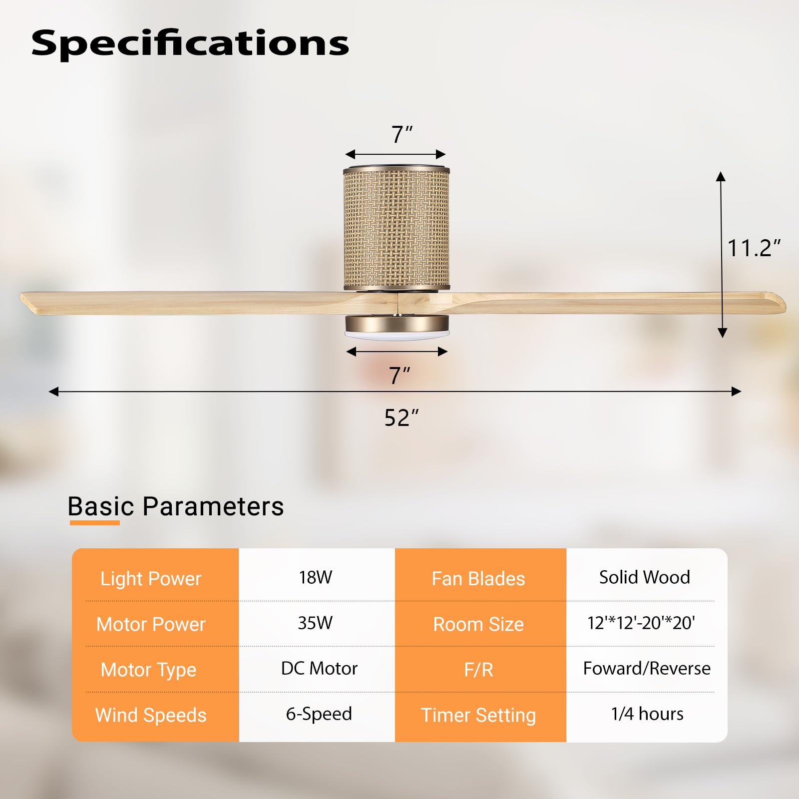 LEDLUX 52" Ceiling Fan with Light - Low Profile Flush Mount Ceiling Fan, 6-Speed Remote Control, Solid Wood, Quiet Reversible DC Motor, Boho Style, for Bedroom, Living Room, Porch, Light Oak/Gold