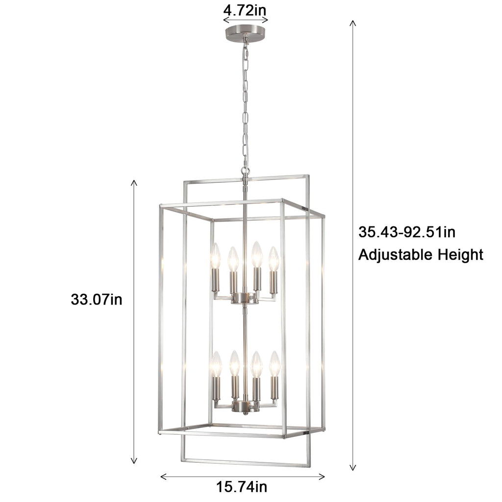 QAREHL High Ceiling Chandeliers for Foyer Brushed Nickel Chandelier for Entryway Modern Farmhouse 15.74’’ in Metal 8 Light Lantern Tiered Pendant Light for Dining Room Kitchen Island Hallway Stairway