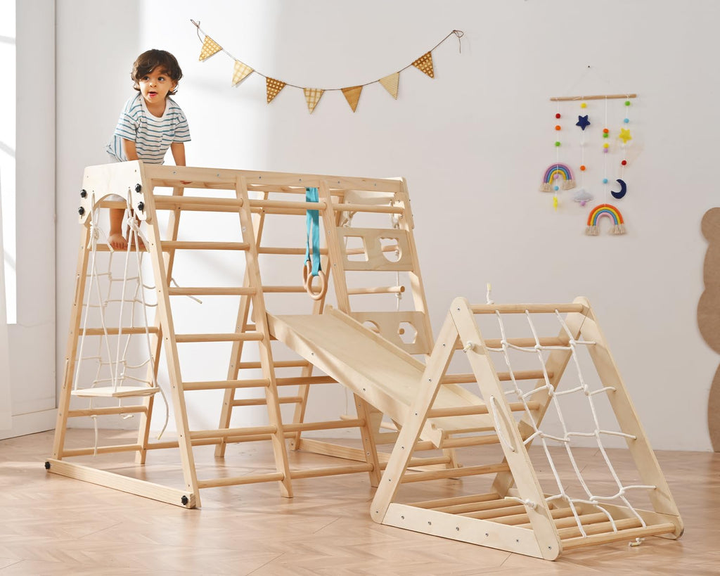 Homman 12-in-1 Toddler Playground - Foldable Kids Climbing Set with Slide, Rock/Net, Monkey Bars, Drawing Board, Swing and Pickler Set