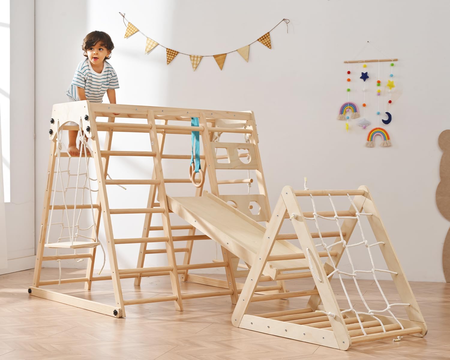 Homman 12-in-1 Toddler Playground - Foldable Kids Climbing Set with Slide, Rock/Net, Monkey Bars, Drawing Board, Swing and Pickler Set