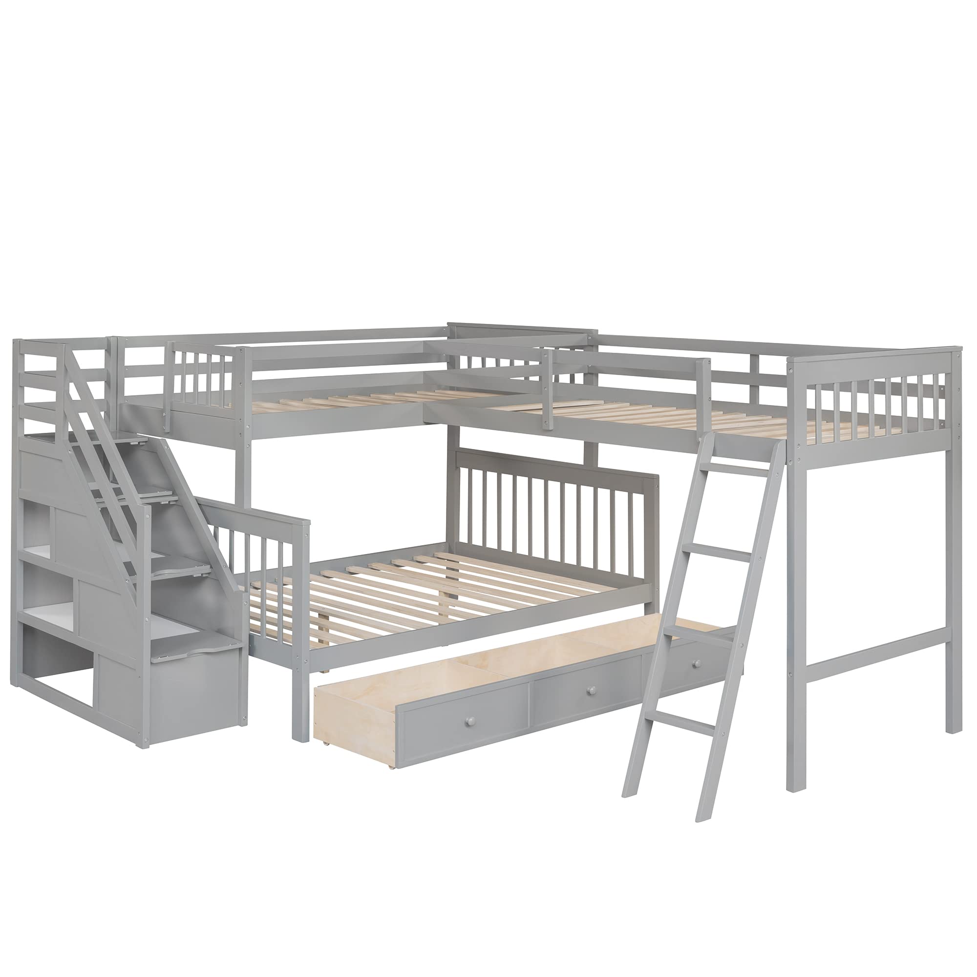 Merax Bunk Bed with a Loft Attached, Triple Bedframe with Drawers, Guardrails and Ladders, Gray Platform, L-Shaped Twin Over Full