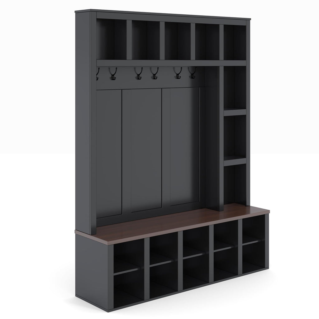 Merax Hall Tree with Bench and Shoe Storage, Farmhouse Wooden Coat Rack with 6 Hooks, Built-in 18 Open Compartments, for Entryway, Living Room, Black