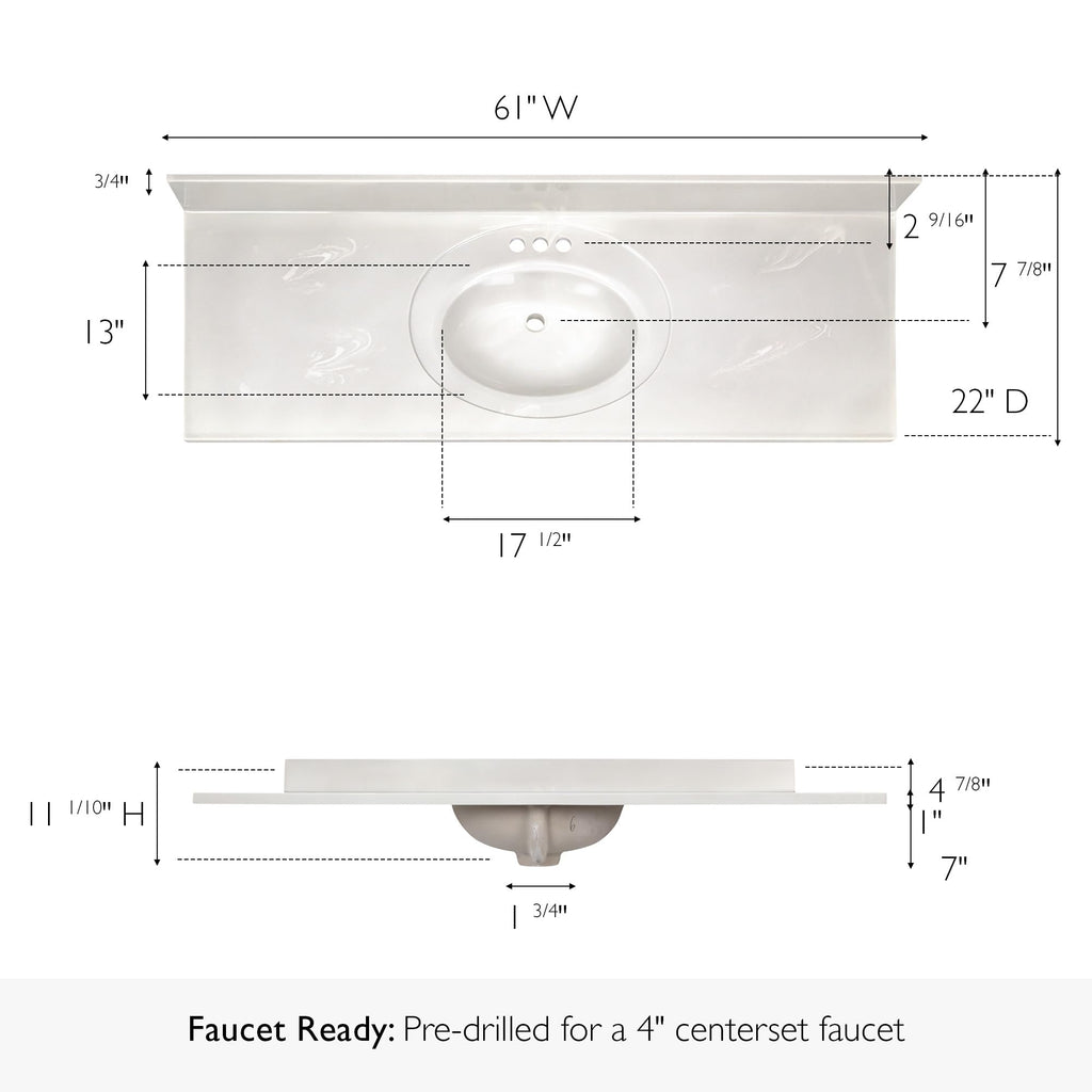 Design House Cultured Marble Vanity Top, 61 in W x 22 in D, Integrated 4 in Centerset Oval Sink & Backsplash, Ivory Swirl, 597419