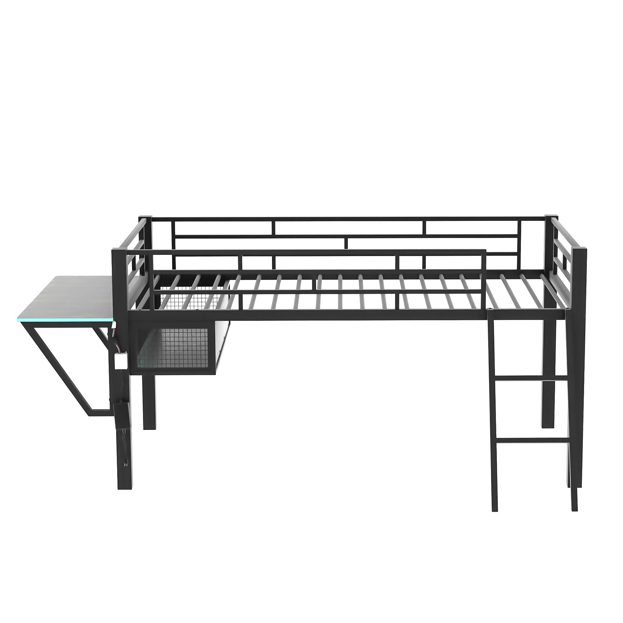 Merax Mid Loft Bed Twin Size with Desk, Metal Gaming Loft Bed with LED Light, for Teens & Adults, Black