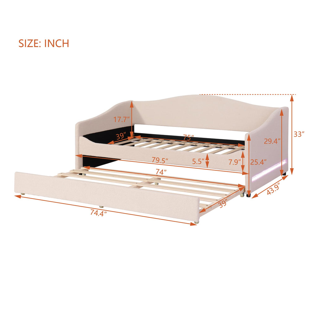 Merax Twin Size Upholstered Daybed with Light and Trundle, Beige Teddy Fleece Sofa Bed Modern Wooden Platform Bed Frame for Bedroom, Living Room, Guest Room, Apartment