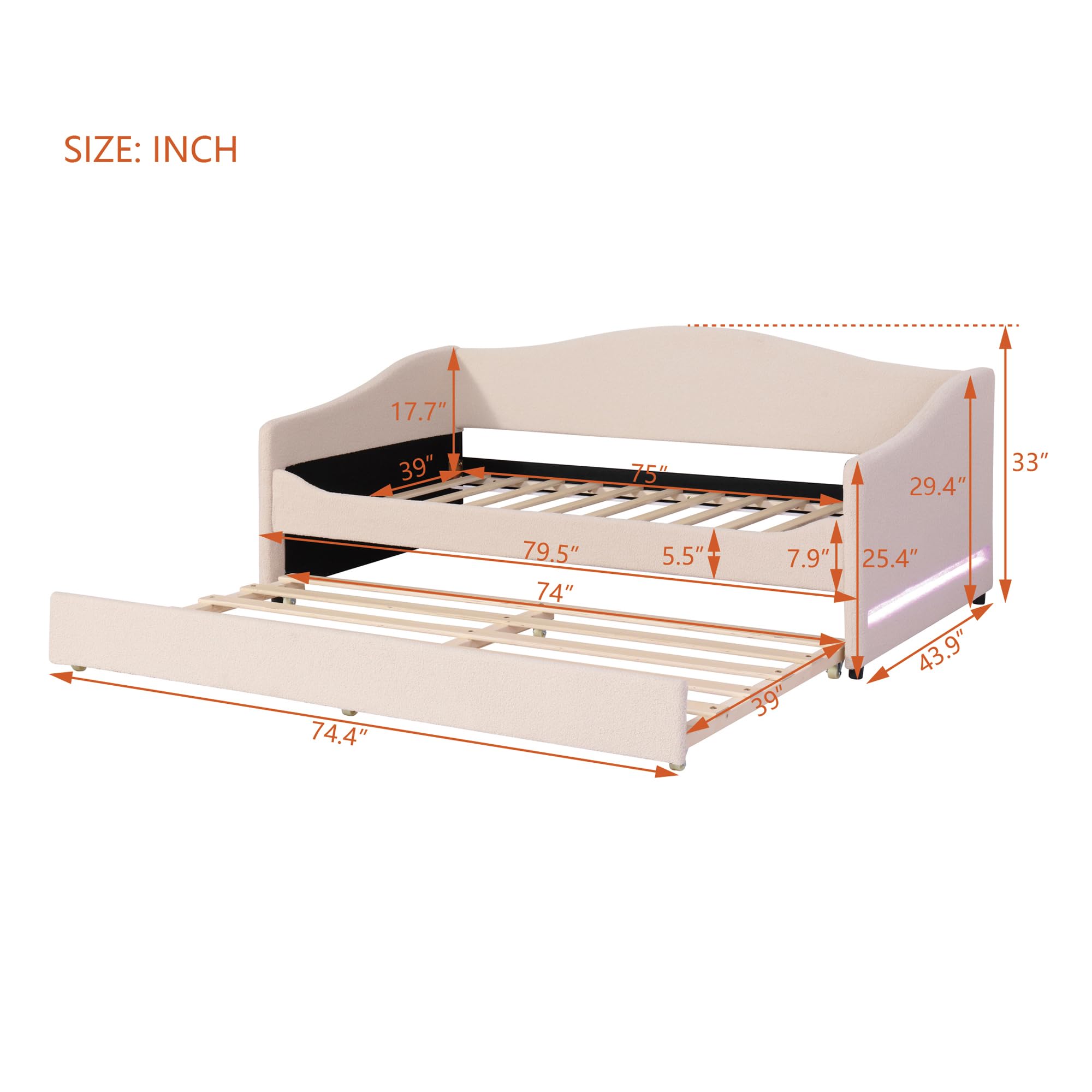 Twin Size Teddy Fleece Upholstered Daybed with Trundle and LED Lights, Daybed Frame with Stripe Design, Soft Fabric Sofa Bed with Slat Support, Space Saving Bed for Bedroom Living Room, White