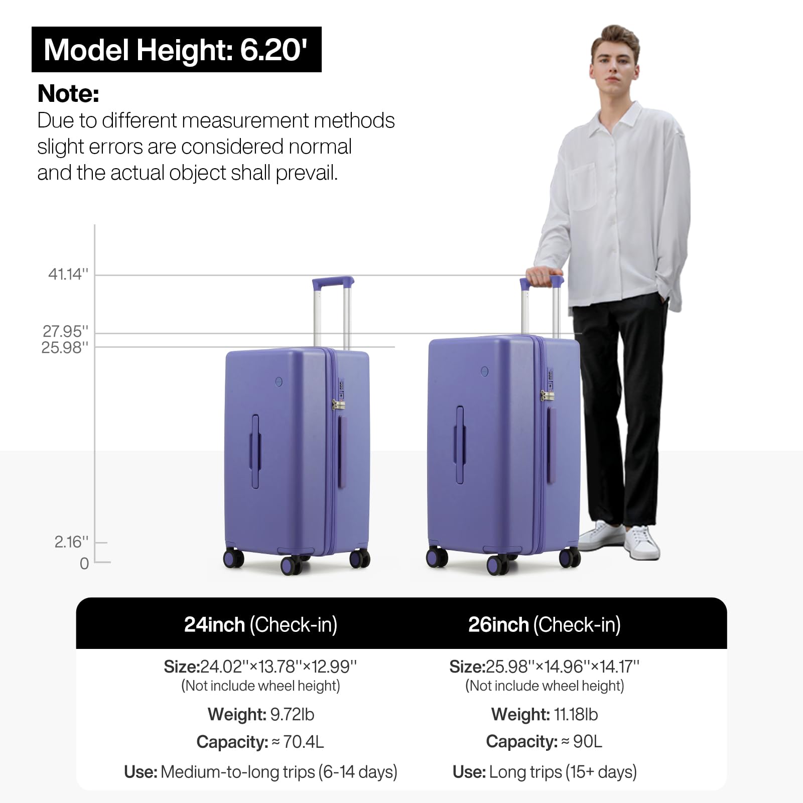 mixi 26'' Max Trunk Luggage Large Checked Luggage PC Hard Shell Rolling Travel Suitcases with Spinner Wheels & TSA Lock, Dreamy Purple