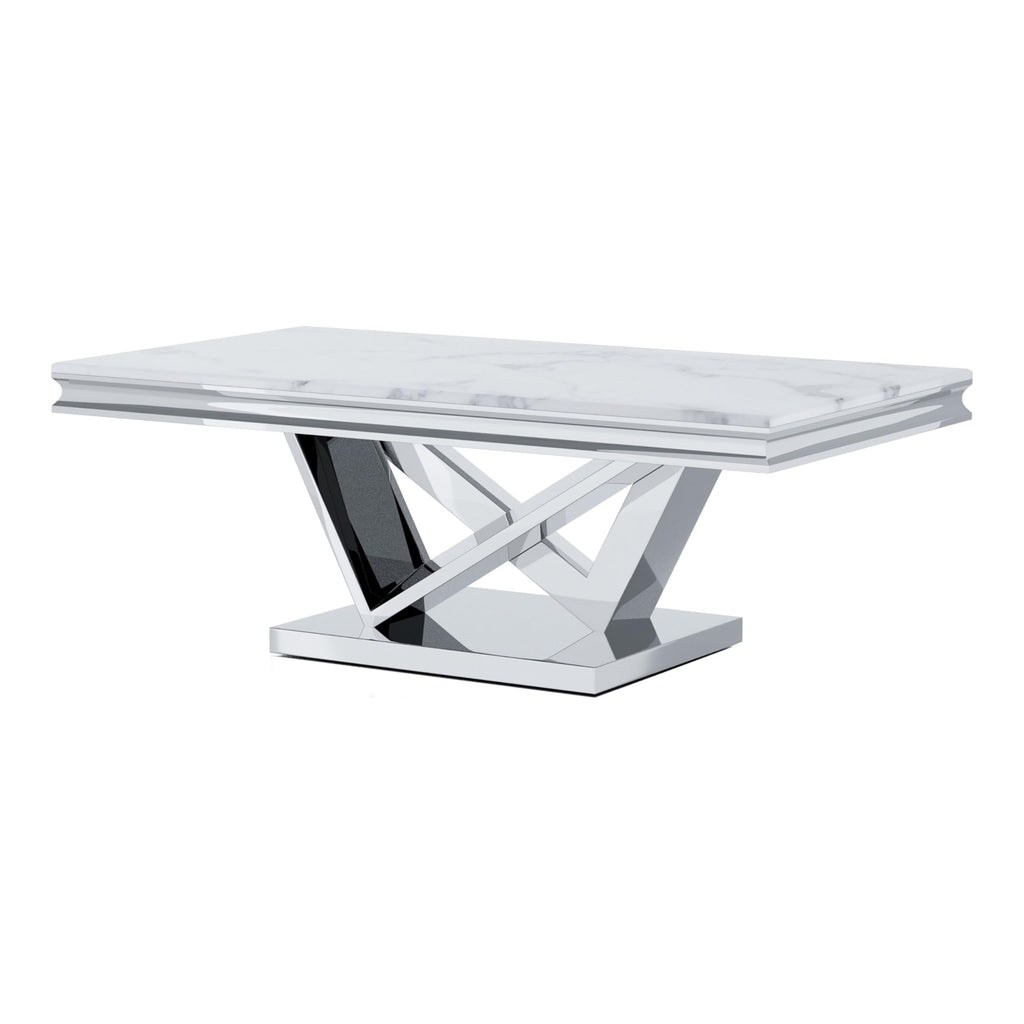 Furniture of America Namai 25mm Faux Marble Top Rectangle Coffee Table with Metal Construction and V-Style Pedestal, Home Décor for Living Room, Lounge Area, Office, Chrome
