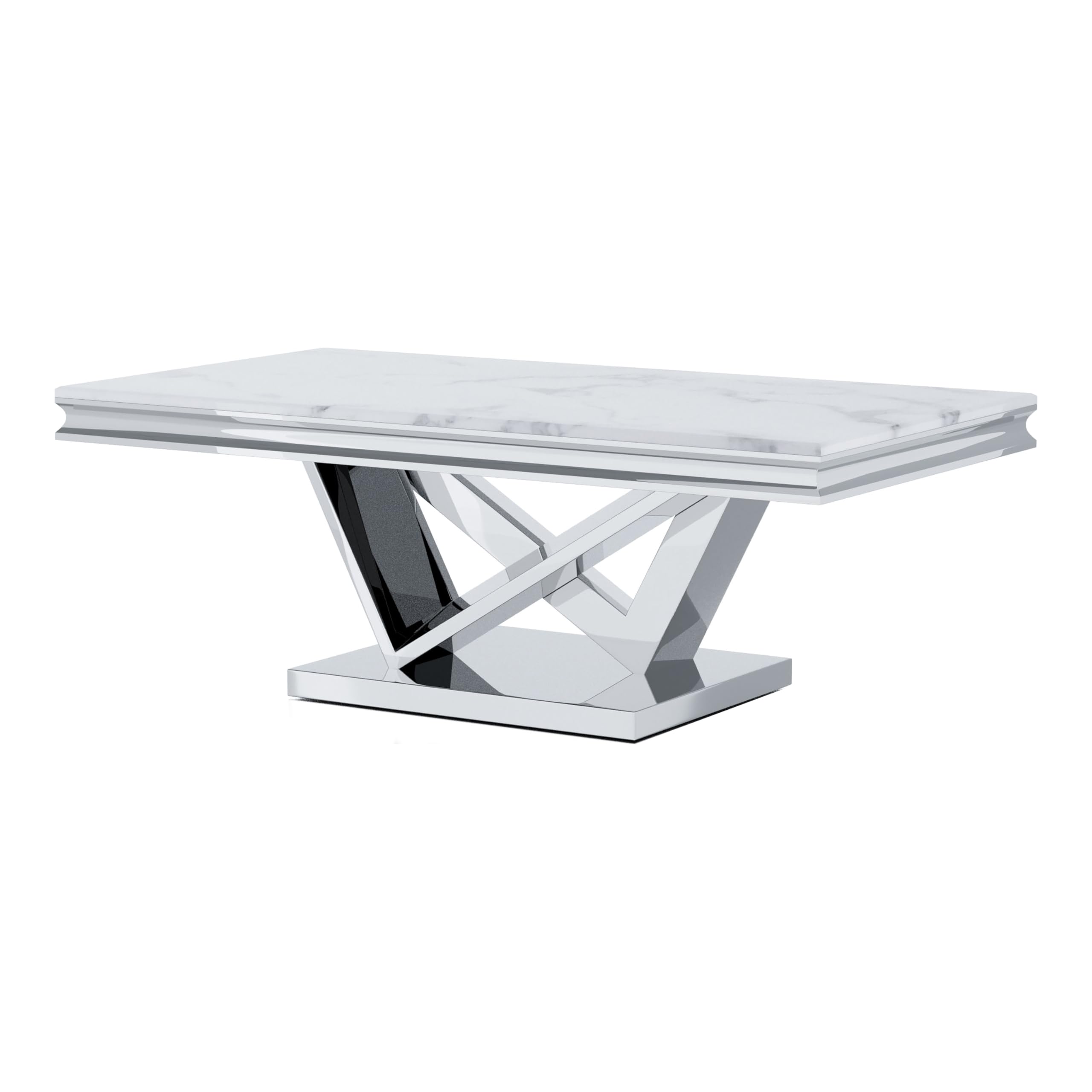 Furniture of America Namai 25mm Faux Marble Top Rectangle Coffee Table with Metal Construction and V-Style Pedestal, Home Décor for Living Room, Lounge Area, Office, Chrome