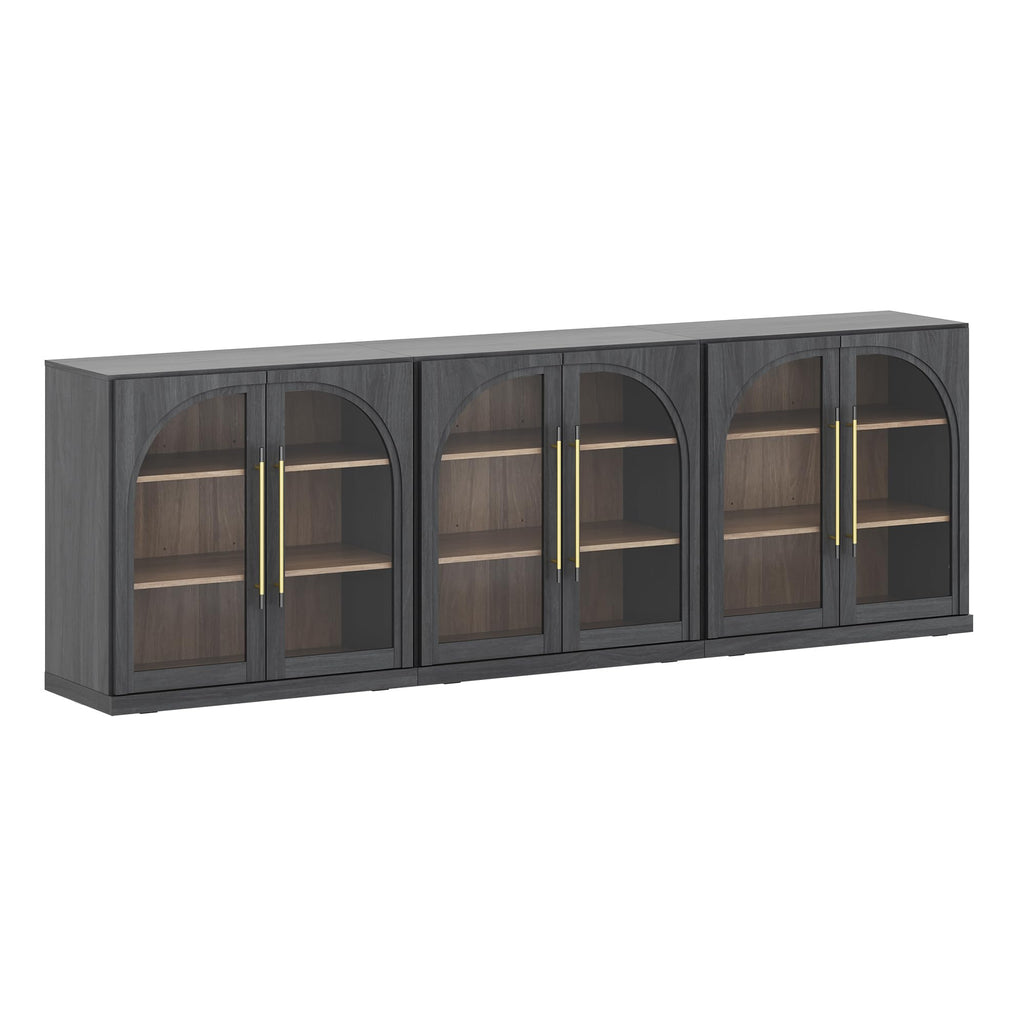 BELLEZE Set of 3 Modular Sideboard with Arched Glass Door, 97'' Accent Display Buffet Cabinet with Storage and Adjustable Shelves,Classic Modern Credenza for Dining Room Living Room Entryway (Ebony)