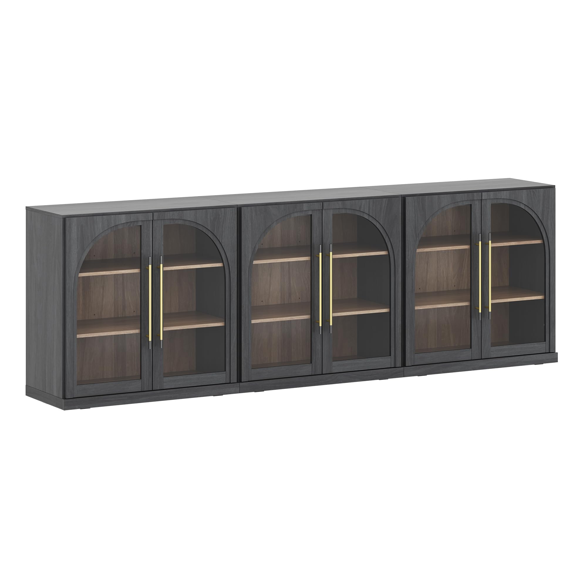 BELLEZE Set of 3 Modular Sideboard with Arched Glass Door, 97'' Accent Display Buffet Cabinet with Storage and Adjustable Shelves,Classic Modern Credenza for Dining Room Living Room Entryway (Ebony)