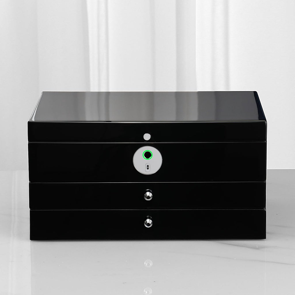 SYENS Jewelry Box with Fingerprint Lock, Black Wood Piano Lacquer Jewellery Organizer Storage Box with Drawer, 3-layer Full Lockable, for Women or Men's gift