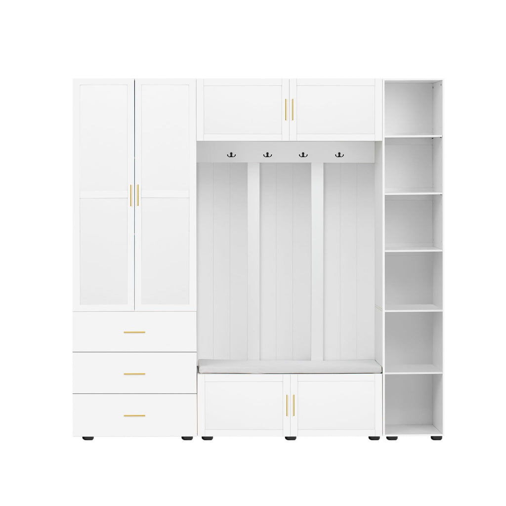 Amposei 94.49’’W Extra Large Hall Tree Cabinet with 6 Doors & 3 Drawers, Tall Entryway Organizer Shoe Storage Bench with 4 Coat Hooks & 6 Open Cubbies for Hallway Mudroom Living Room, White