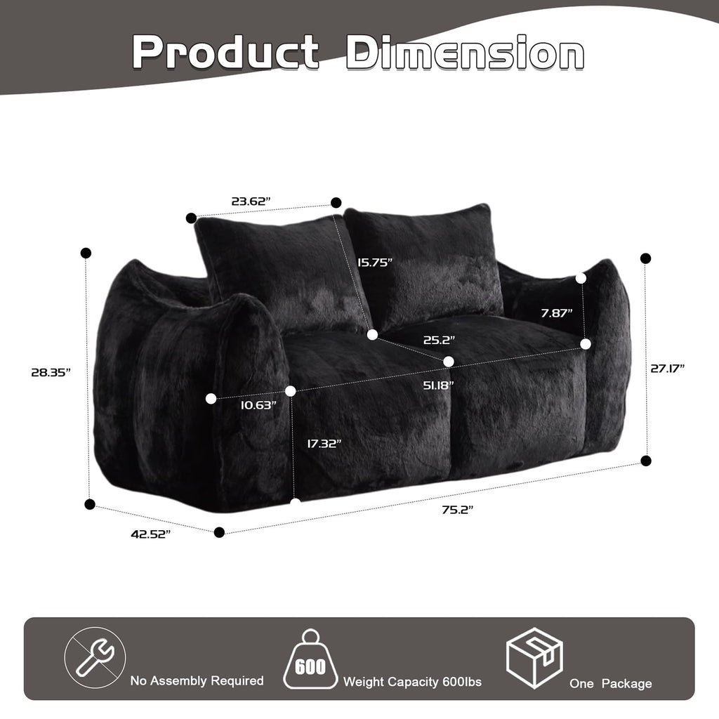 wisenook 75.2" Giant Bean Bag Chair for Adults, Ultra Soft Fluffy Loveseat Bean Bag Sofa, Oversized Floor Sofa for Living Room Bedroom, Cozy Reading Chair with 2 Pillows and Filler, Black
