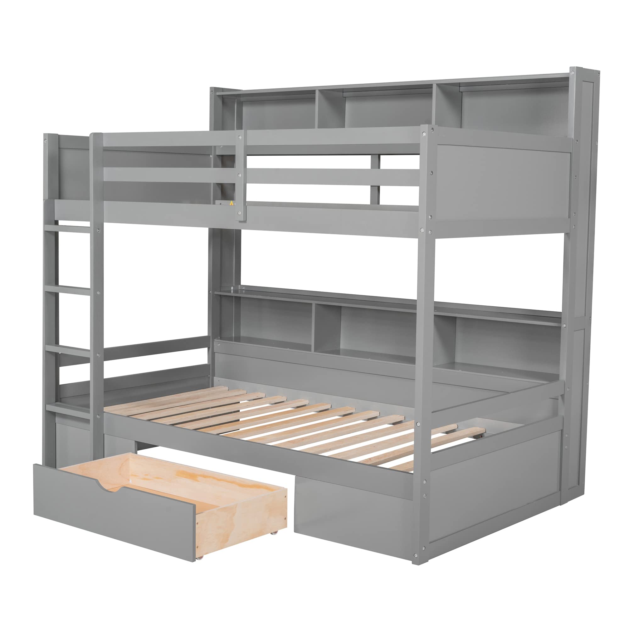 Ball & Cast Twin Over Twin Bunk Bed with Built-in Shelves Beside Both Upper and Down Bed & Storage Drawer, Twin Size Wooden Bunk Bed with Guardrails and Ladder for Kids,Teens,Adult,Gray