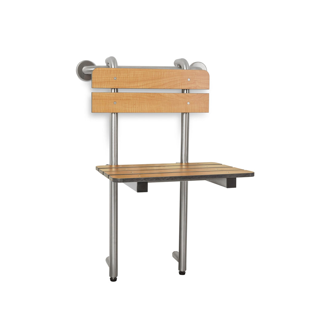 Seachrome Profile Folding Shower Seat with 18 inch Grab Bar, Removable Hanging Bench with Backrest & Legs, Teak Phenolic Seat, Stain Stainless Steel Grab Bar