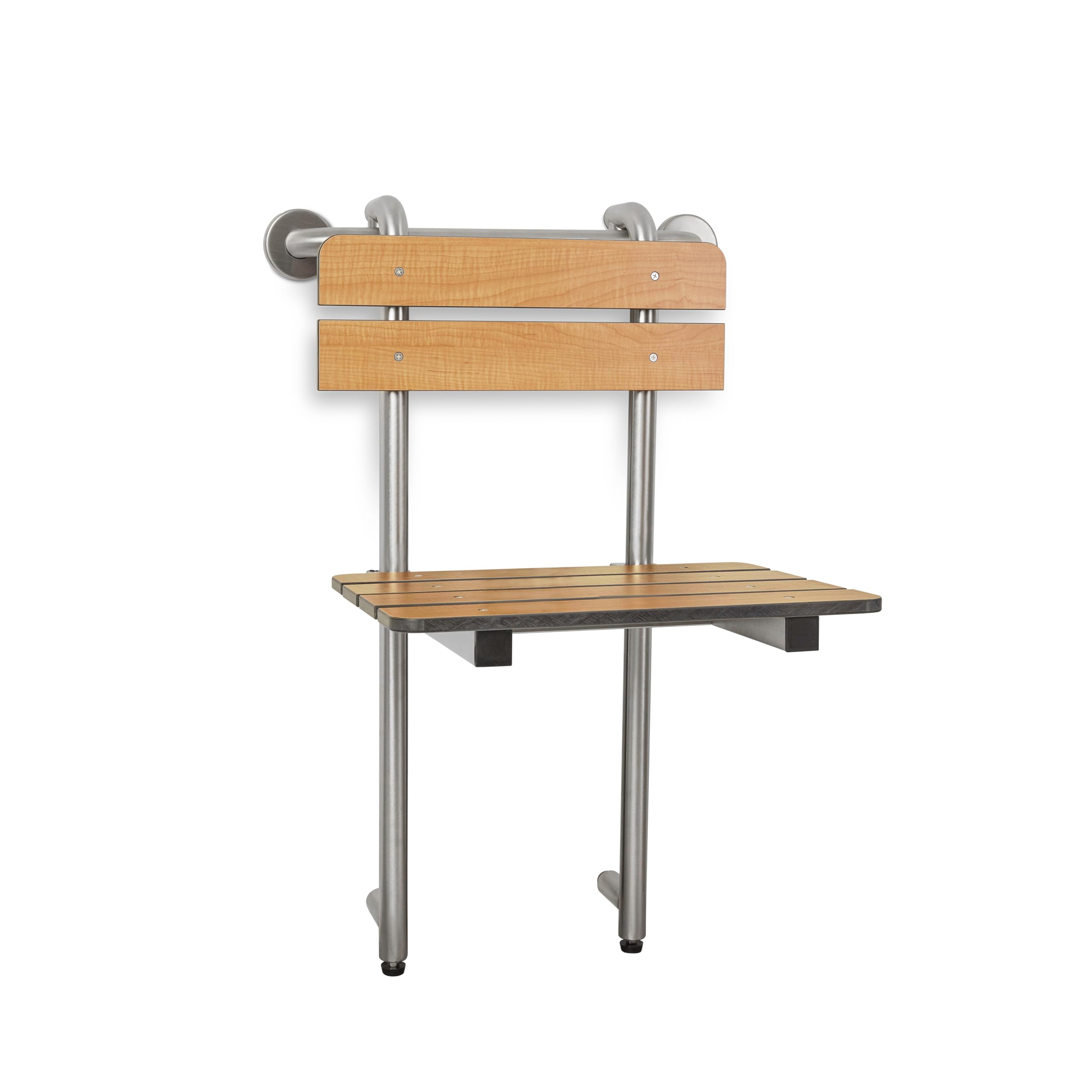 Seachrome Profile Folding Shower Seat with 18 inch Grab Bar, Removable Hanging Bench with Backrest & Legs, Teak Phenolic Seat, Stain Stainless Steel Grab Bar