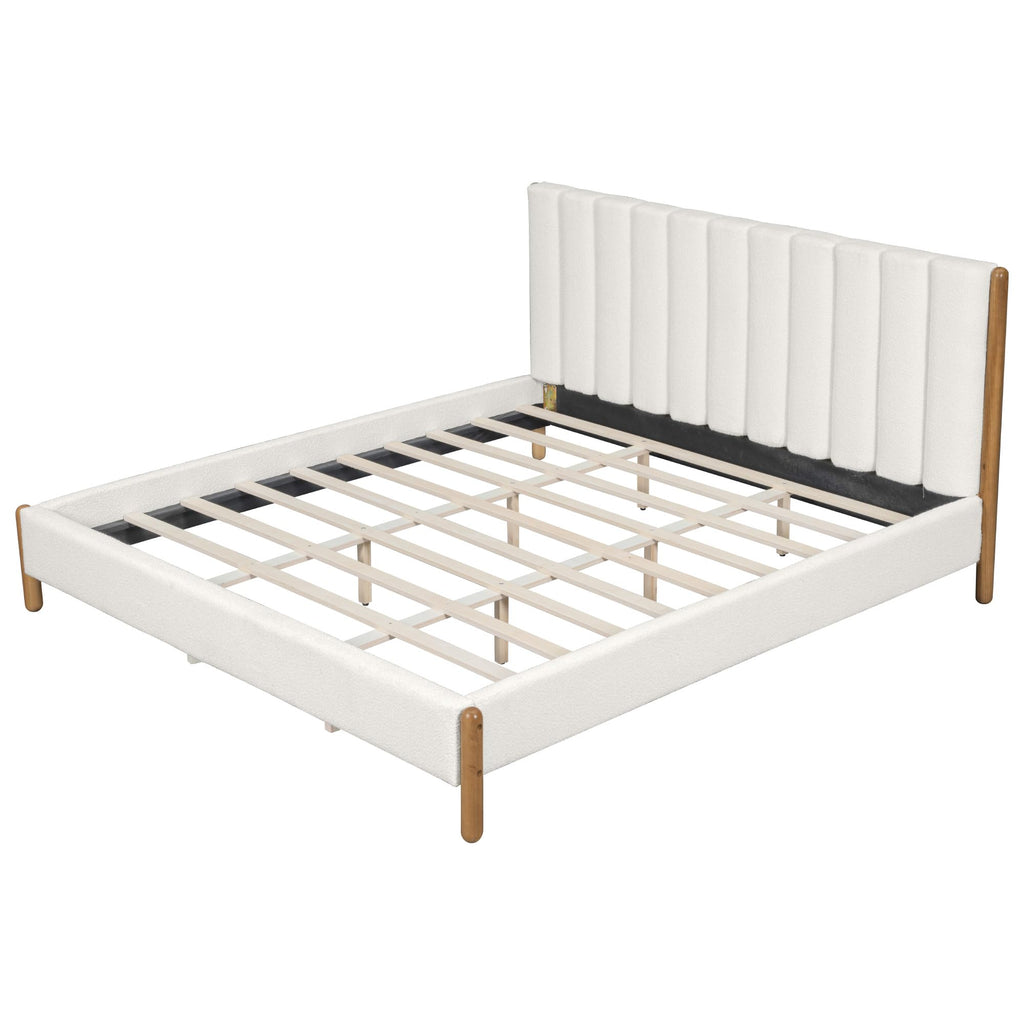 Merax King Size Bed Frame with Boucle Upholstered Thick Headboard, Solid Wooden Legs, No Box Spring Needed, for Bedroom Apartment, White